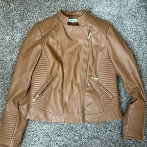 Calvin Klein Women's Brown Leather Jacket with Gold Zippers